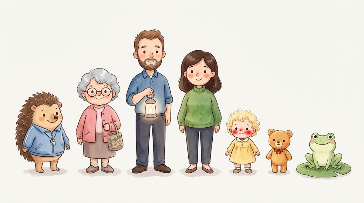 Karakterblad met Coach Egel, oma, papa, mama, Besje, Beertje en Kikker op een rij