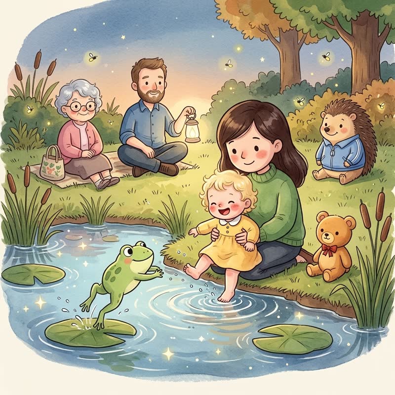 Besje steekt haar tenen in het water van een vijvertje, met Kikker en Beertje erbij