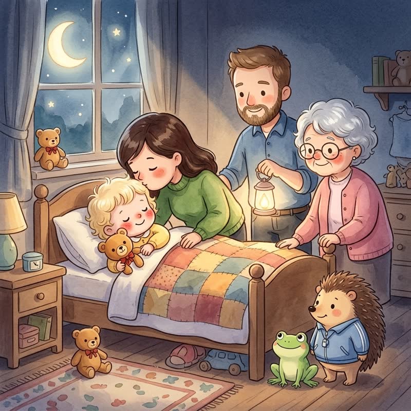 Besje slaapt in haar bedje met Beertje, mama, papa en oma naast haar